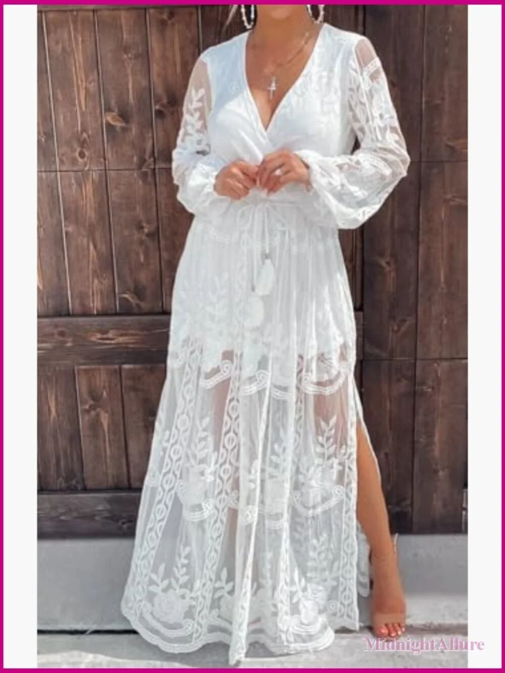 V Neck Floral Embroidered Lace Wedding Maxi Dress Boho Short Sleeve Slit